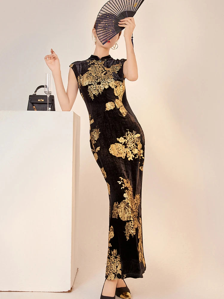 Maxy Luxury Gold Flower Long Qipao Dress Women Stand Collar Cap Sleeves Velvet Mermaid Chinese Cheongsam Elegant Party Gown