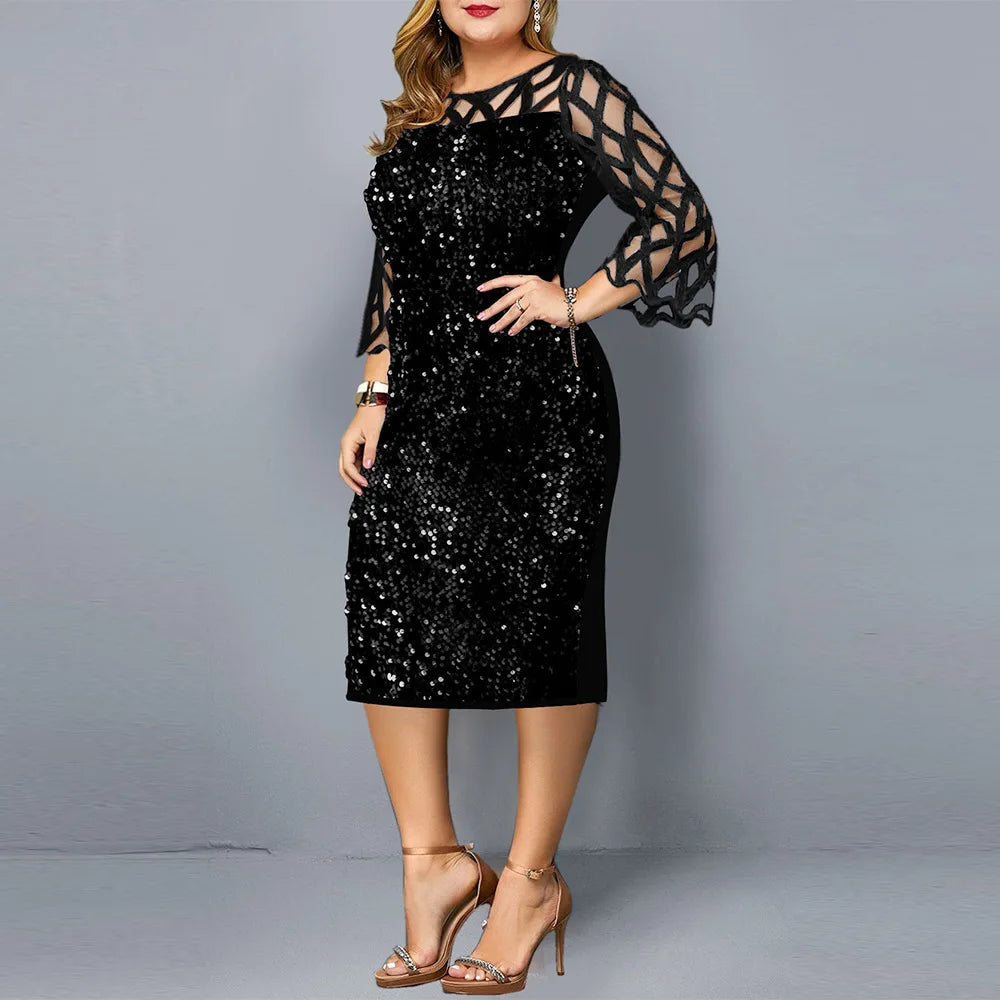 Maxy Women Sequins Lace Evening Party Dress 3/4 Sleeves Plus Size Mid-Calf Elegant Cocktail Formal dress
