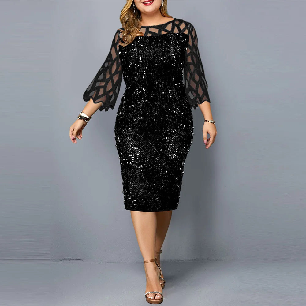 Maxy Women Sequins Lace Evening Party Dress 3/4 Sleeves Plus Size Mid-Calf Elegant Cocktail Formal dress