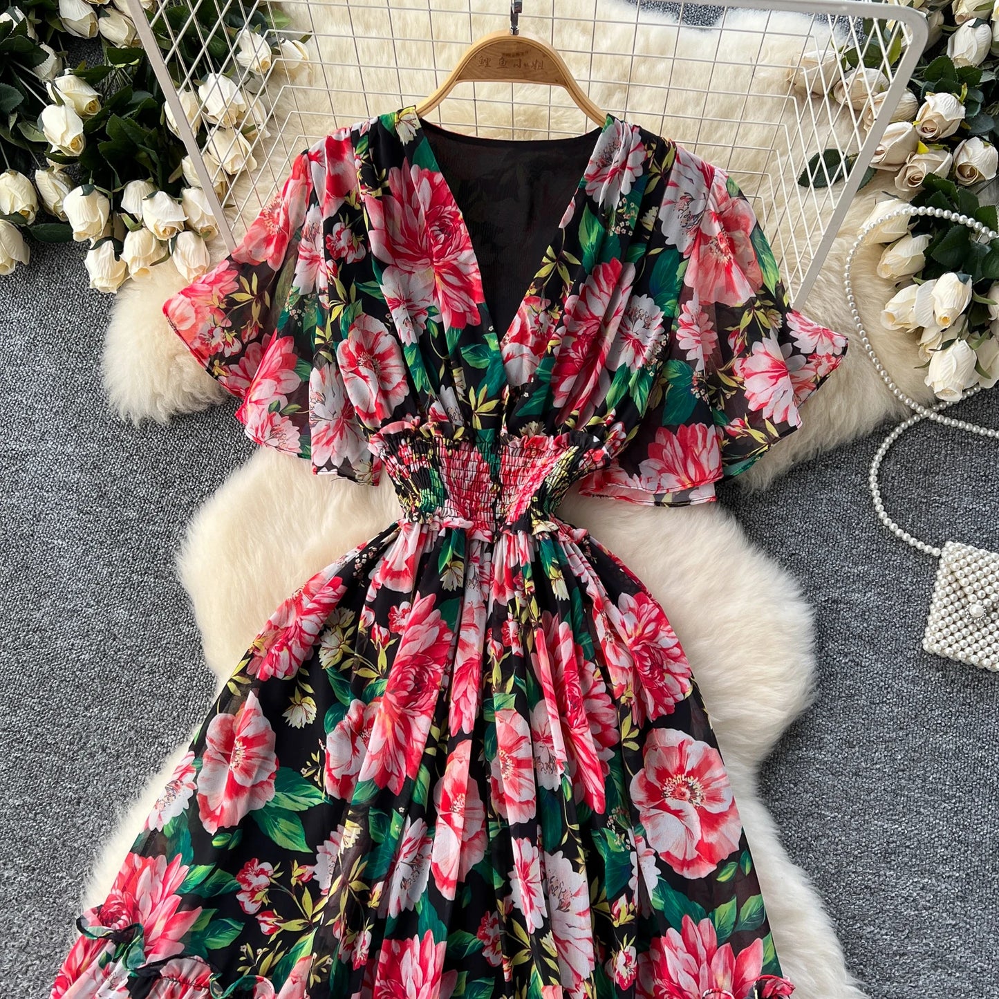 Maxy v neck Butterfly sleeve print elegant summer Dress A-line Flare Sleeve Vacation print Women dresses