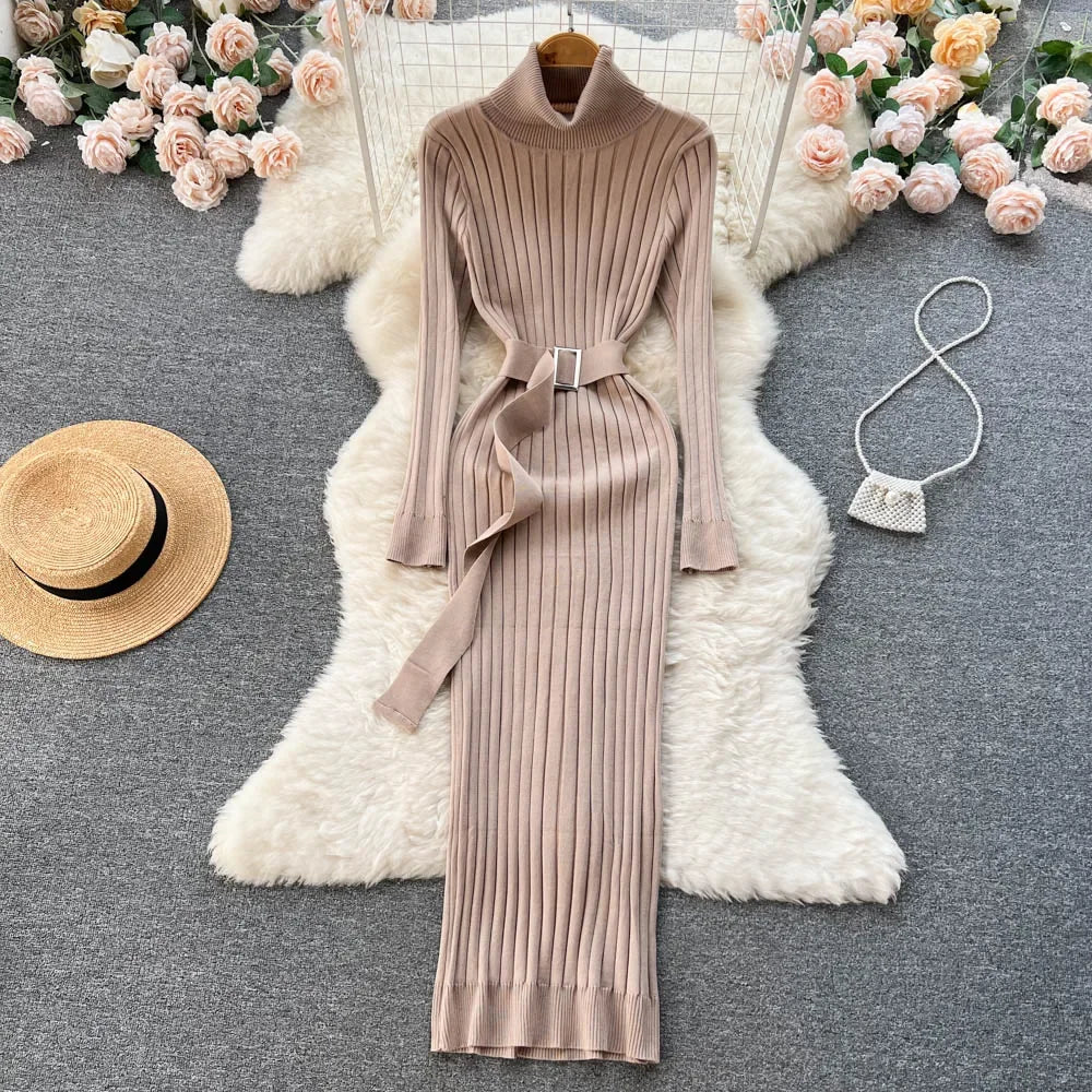 Babs Green Winter Turtleneck Sexy Women Dress Autumn Long Sleeve Skinny Macy  Bodycon Casual Sweater With Belt Party Club