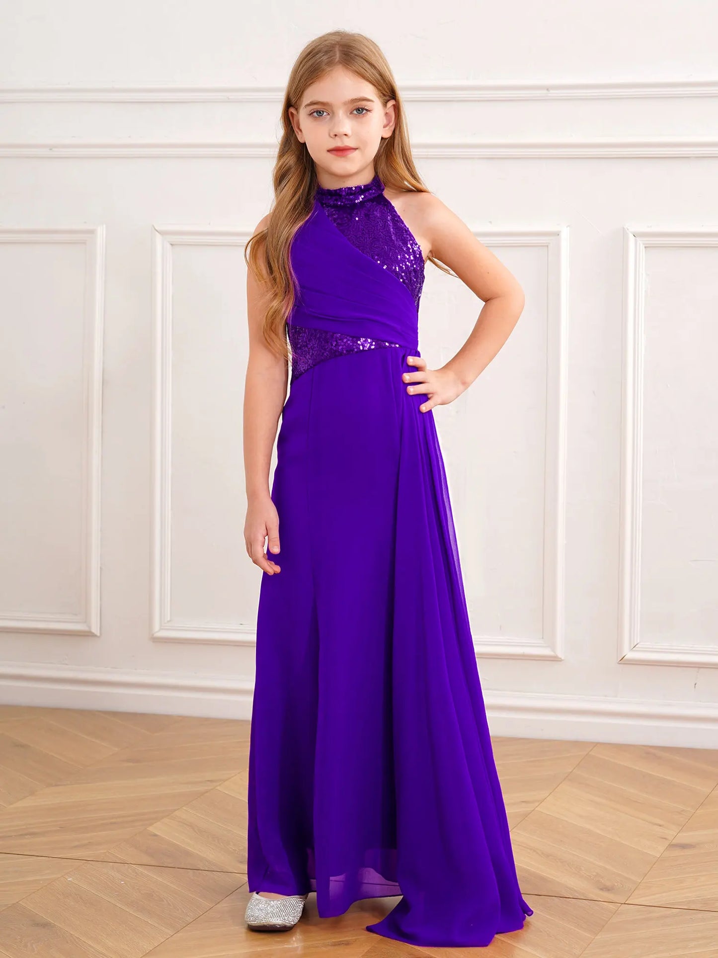 Children Gacy Wedding Flower Girls Dress Sleeveless Shiny Sequined Party Gown Floor-Length Dress Evenings Birthday Banquet Prom Gown