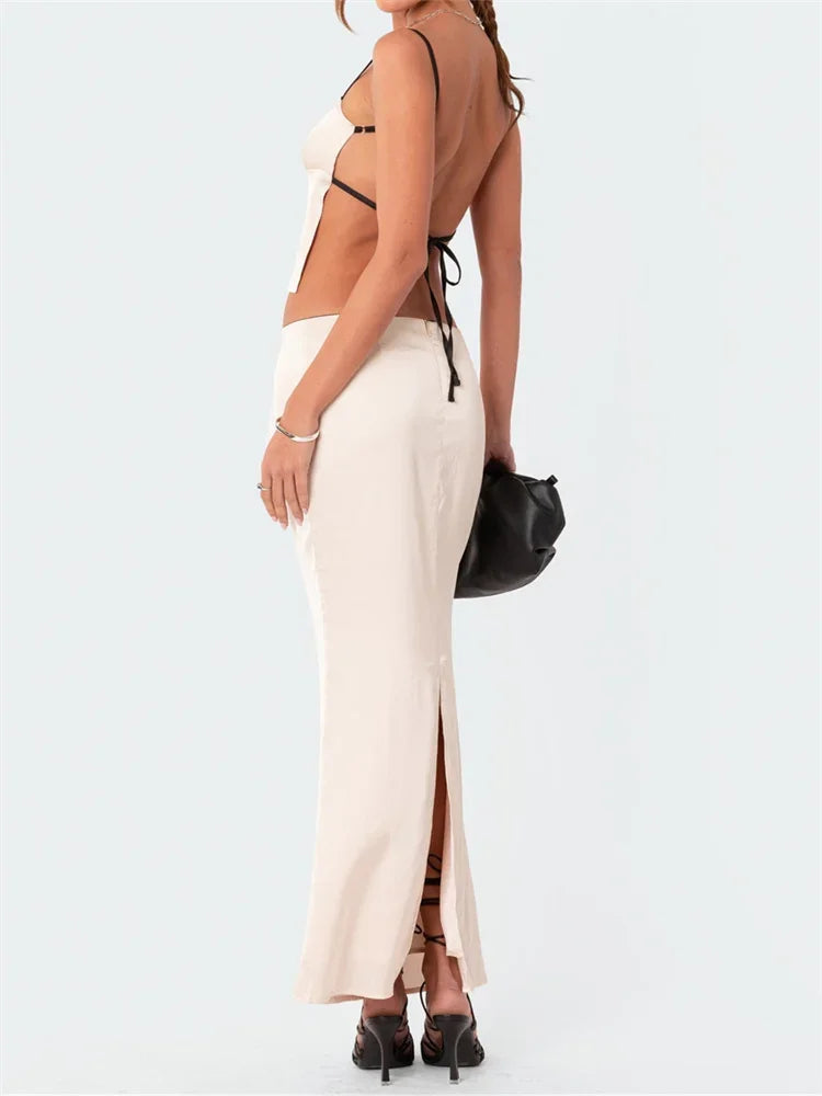 Momsey2 Piece Sets Women Spaghetti Strap Backless Bandage Tops + Long Skirts Outfits Summer Retro Elegant Sexy Club Y2K Streetwear