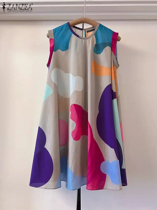 Maxy Summer Holiday Printing Dress Women O-neck Sleeveless Knee Robes 2024 Vintage Loose Tank Sundress Beach Oversize dress