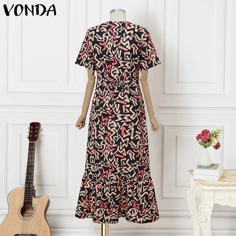 Maxy Summer Vintage Bohemian Dress Women Short Sleeve Printed Party Vestidos Casual Ruffled Long Robe V-Neck Vestidos