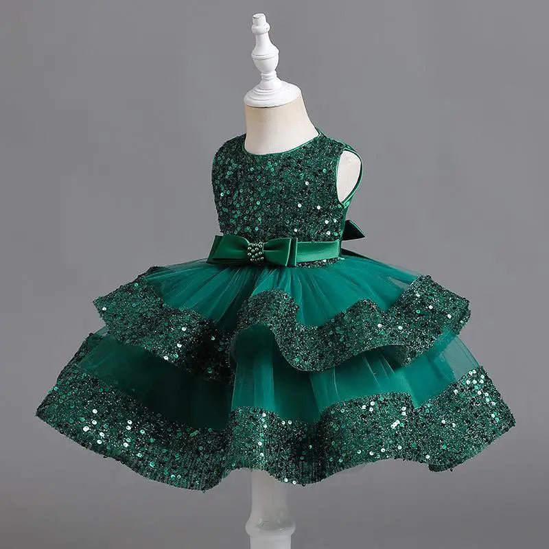 Summer New Beaded Bow Tie Sequin Mesh Children's Sleeveless Evening Dress School Graduation Party Multi Layered Dress