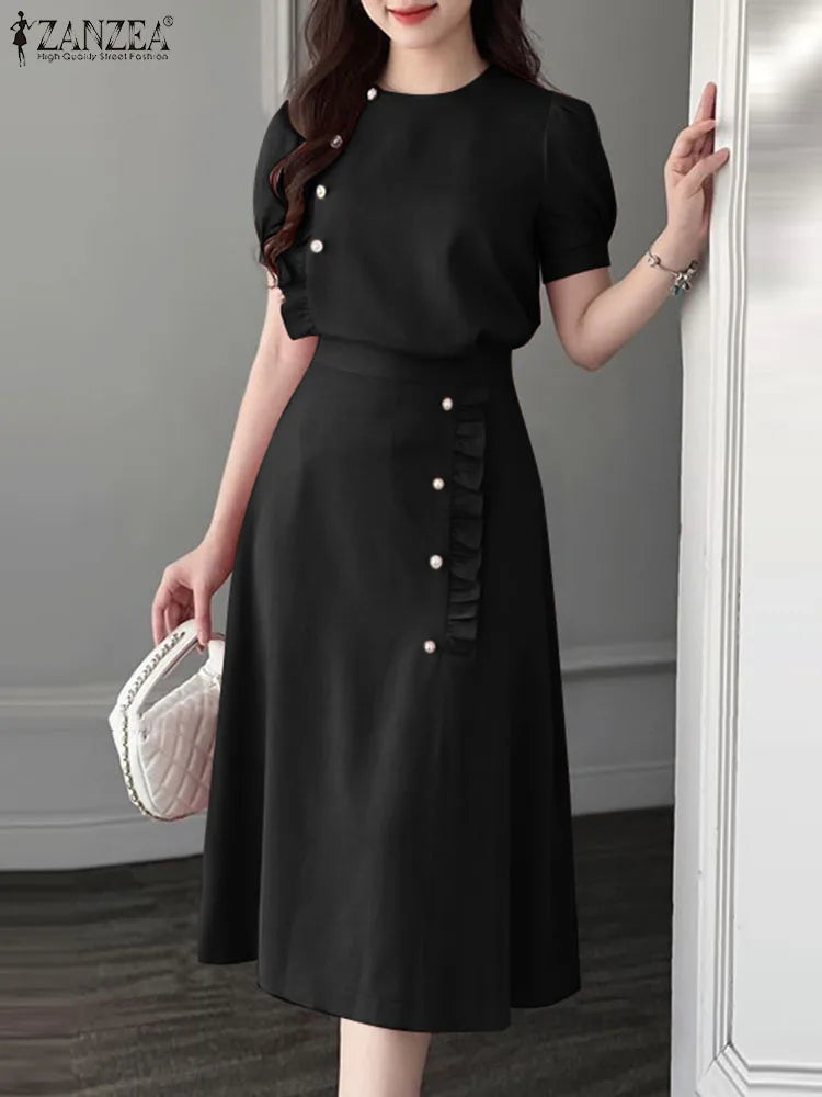 Maxy ZANZEA Vintage 2PCS Ruffled Dress Sets Women Buttons Outfits Summer Short Sleeve Tops Suit Casual Office Long Skirt Sets