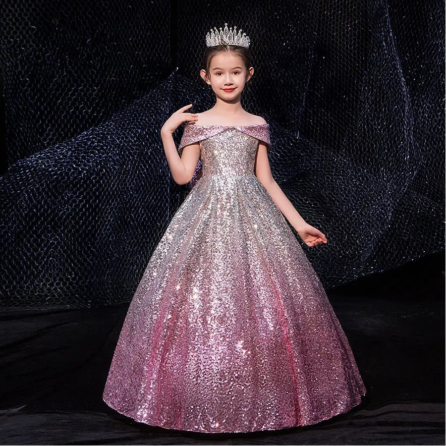 Babs Formal Kids Evening Dresses for Girls Birthday Party Elegant Sequins Dress Up Fluffy Long Luxury Pageant Prom Ball Gown Bow