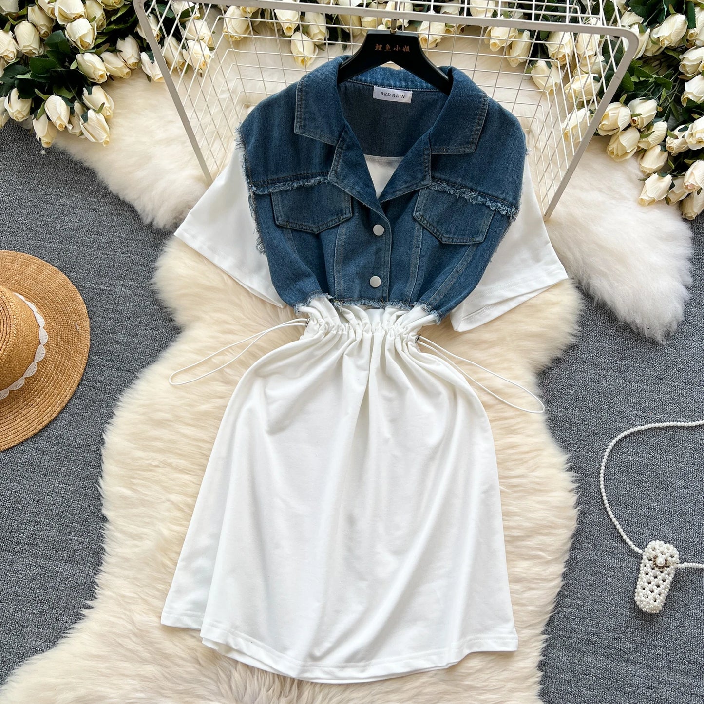 Women Casual Shirt Dress Korean Summer Short Sleeve Patchwork Denim Short Dresses Female Slim Drawstring High Waist Dress