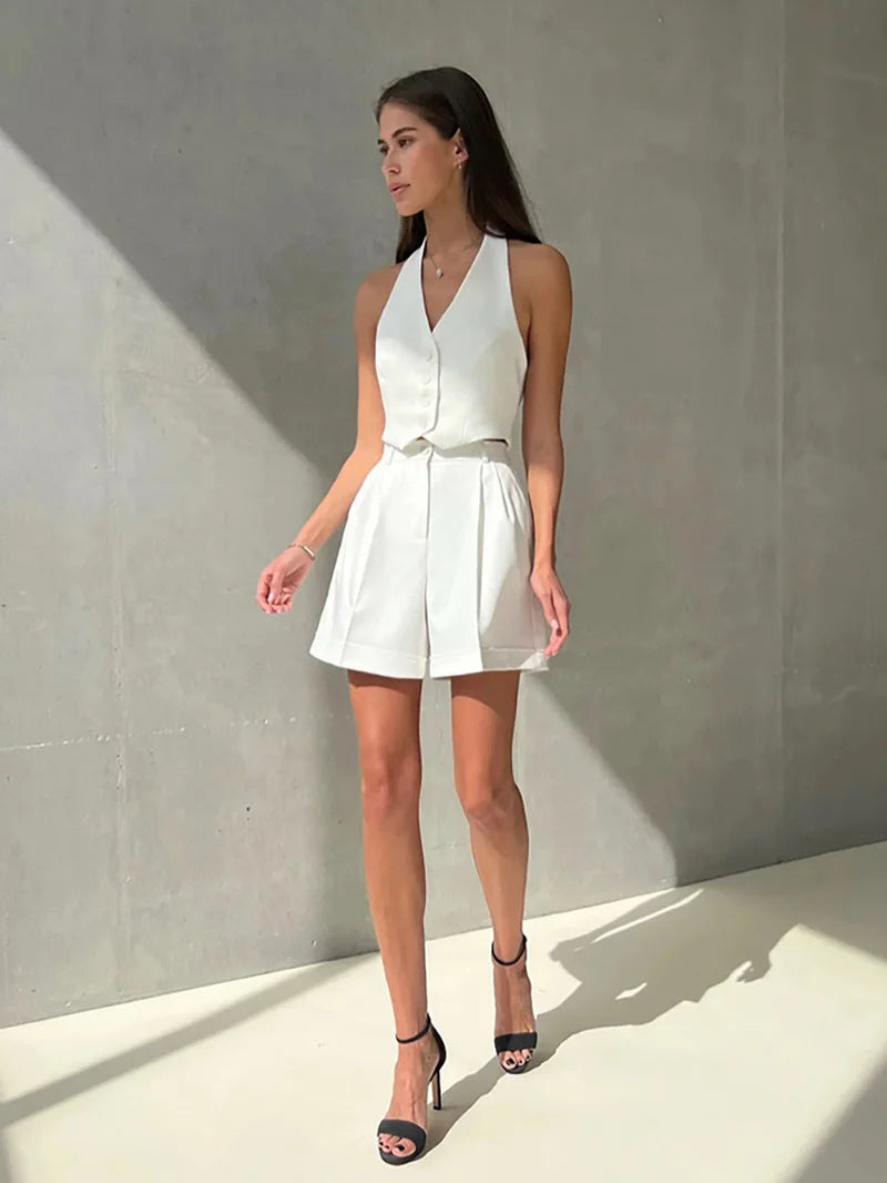 Maxy Spring Summer Women Office Shorts Suit Set Solid Khaki Sleeveless Halter Outfit 2 Piece Matching Sets For Women