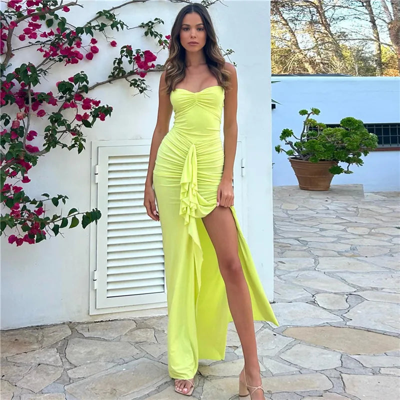 Babs Elegant Sleeveless Ruffle Edge Irregular Women Dress Summer New Fashion Pleated Split Slim Party Evening Dress