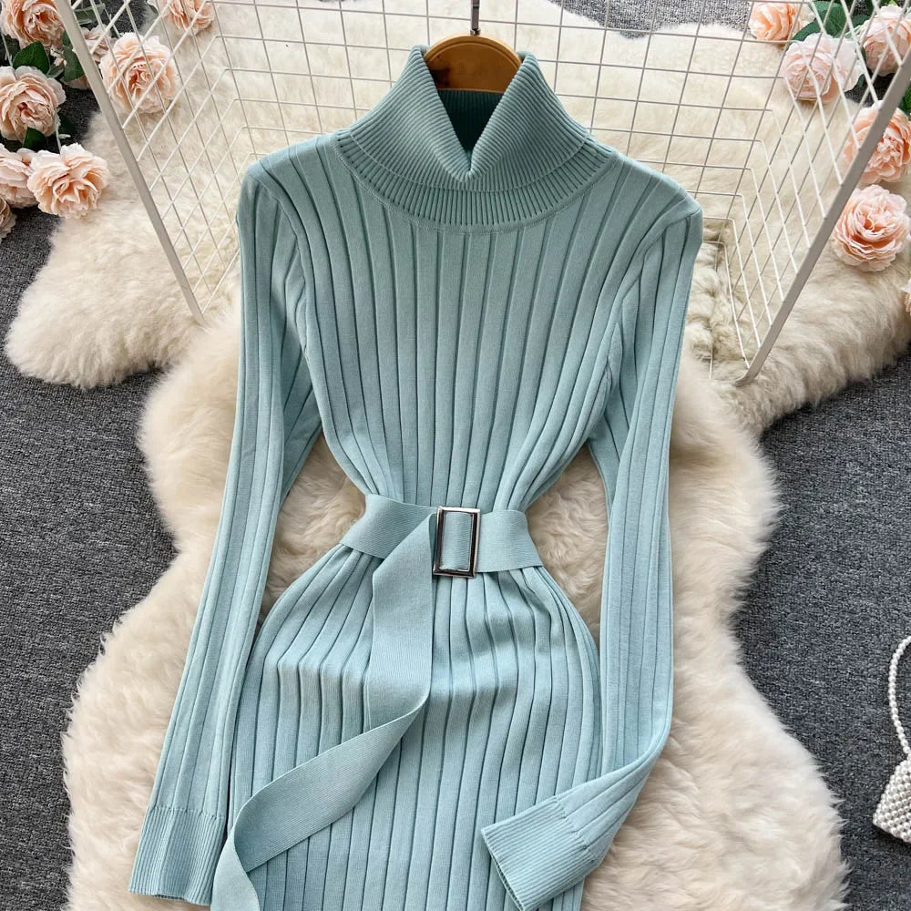 Babs Green Winter Turtleneck Sexy Women Dress Autumn Long Sleeve Skinny Macy  Bodycon Casual Sweater With Belt Party Club