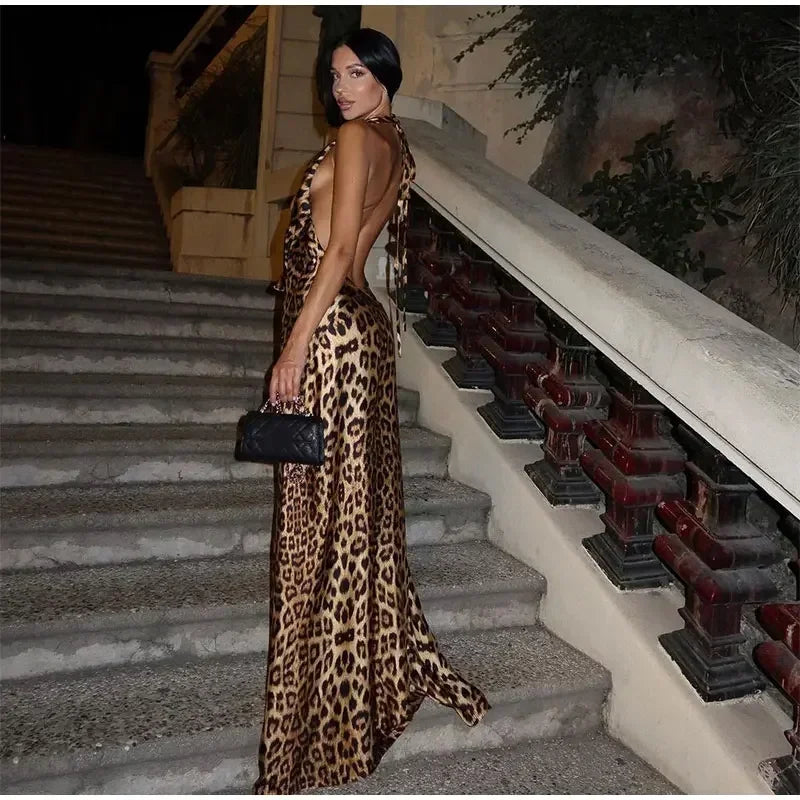 Maxy Sexy Babs Backless Leopard Printed Halter Long Dress Elegant Swing Collar Sleeveless Dresses Chic Lady Party Gowns Club Robes