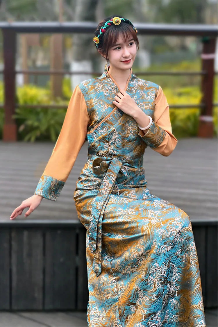 Summer Elegant Asian costume Tibetan Dress For Women Long Sleeve Traditional Ethnic clothing Oriental Ladies gown