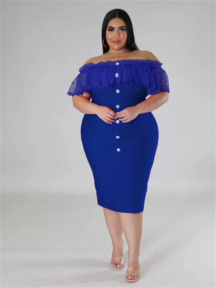 Maxy Plus Size Party Dress Women Clothing Solid Mesh Patchwork Off Shoulder Dress Fashion Outfits