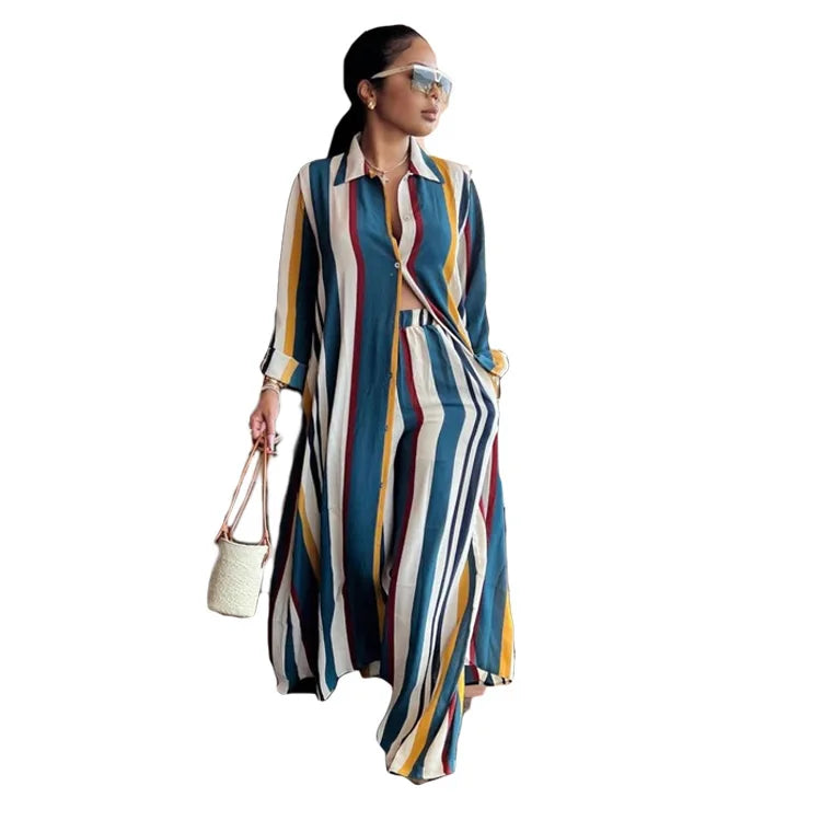 Babs Spring Autumn African Clothes African Women Long Sleeve Stripe Two Pieces Sets Top and Long Pant African Suit S-2XL