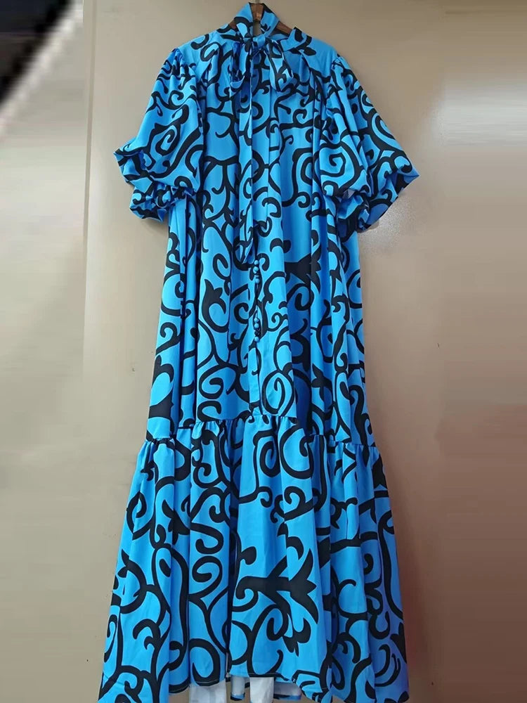 Maxy Elegant single-breasted bubble short sleeve geometric printing casual loose dress summer ladies temperament lace-up dress