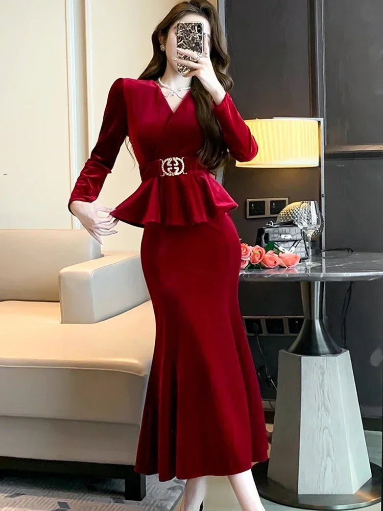 Babs Winter Red Velvet Chic Ruffled Bandage Long Dress Women Elegant Luxury Festival Dress Gown Korean Elegant Prom Dress