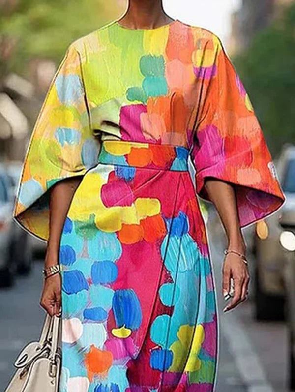 Maxy New African Dresses for Woman Summer Short Sleeves Asymmetric Tied Waist Casual 1 Pieces Woman Midi Colorful Dress