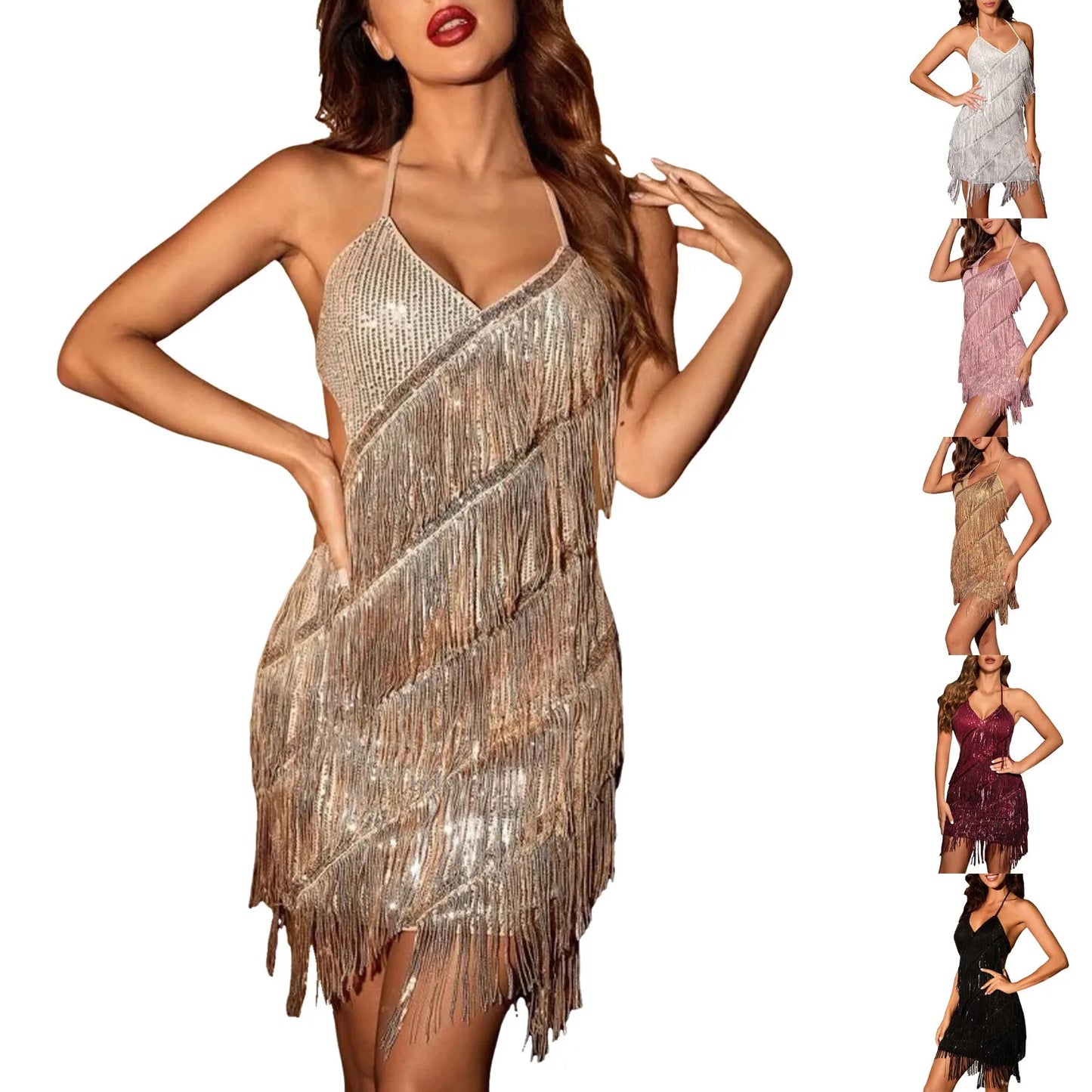 Babs Dresses for Women Spaghetti Strap Solid Color Backless Tassel Glitter Sparkly Sequin Dress for Women Shiny Women's Dress