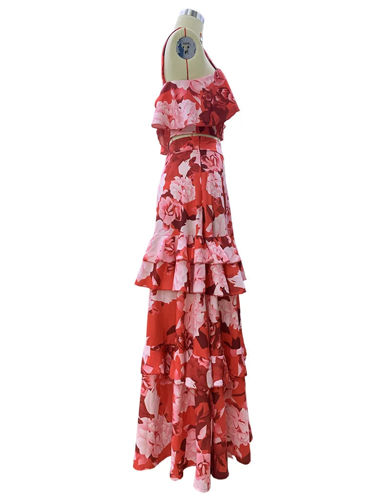 Maxy 2 Piece Set Women Stylish Floral Elegant Printed Sleeveless Short Top+Loose High Waist Pleated Long Skirt Sets
