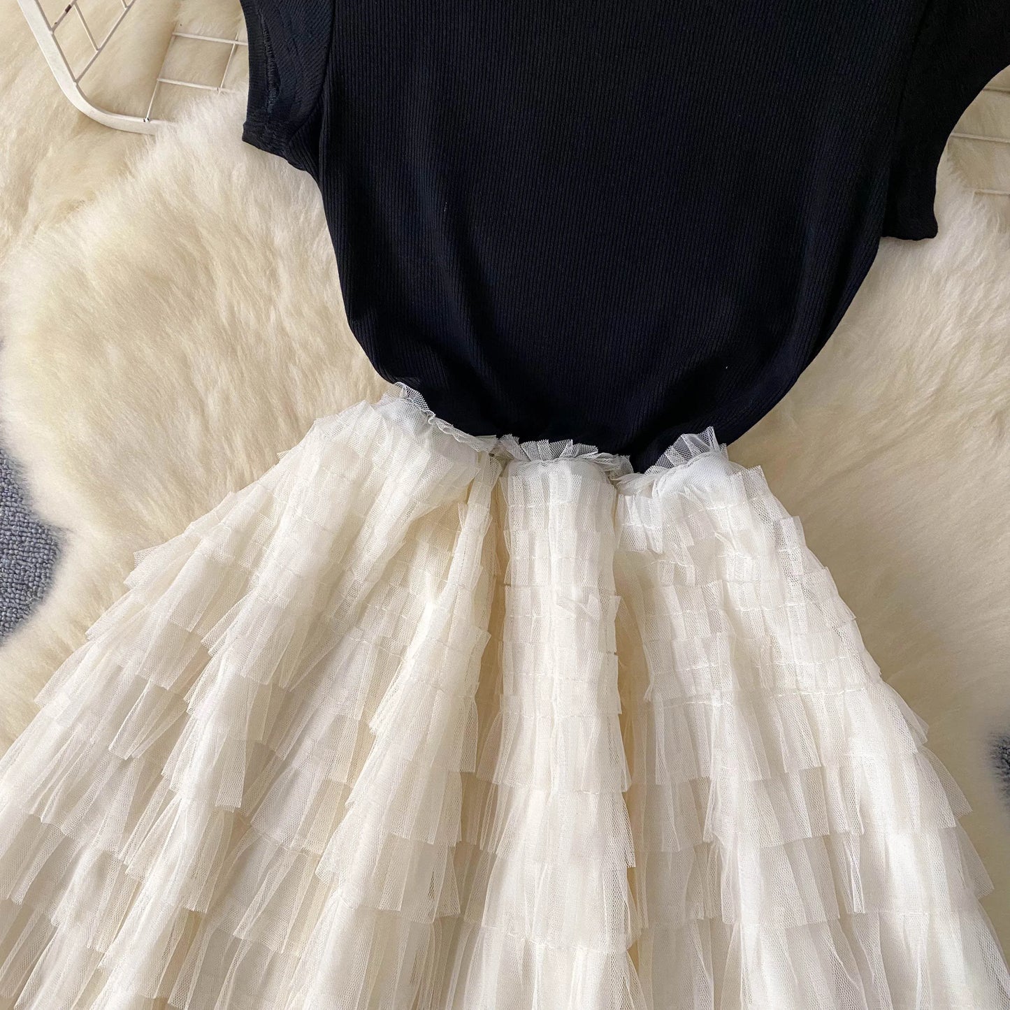 Maxy Fairycore Fashion Newest Chic Dresses Women O-Neck Short Sleeve Mesh Splice Design Vacation Summer Cake Long Dress
