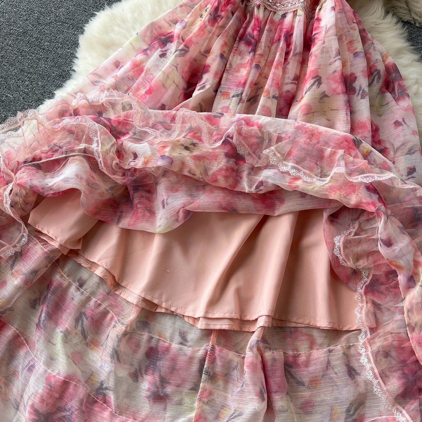 Summer Mesh Printed Dress Women Elegant Ruffle Edge Vintage High Waist Pink Party Dresses Ladies Slim A-line Floral Long Robe