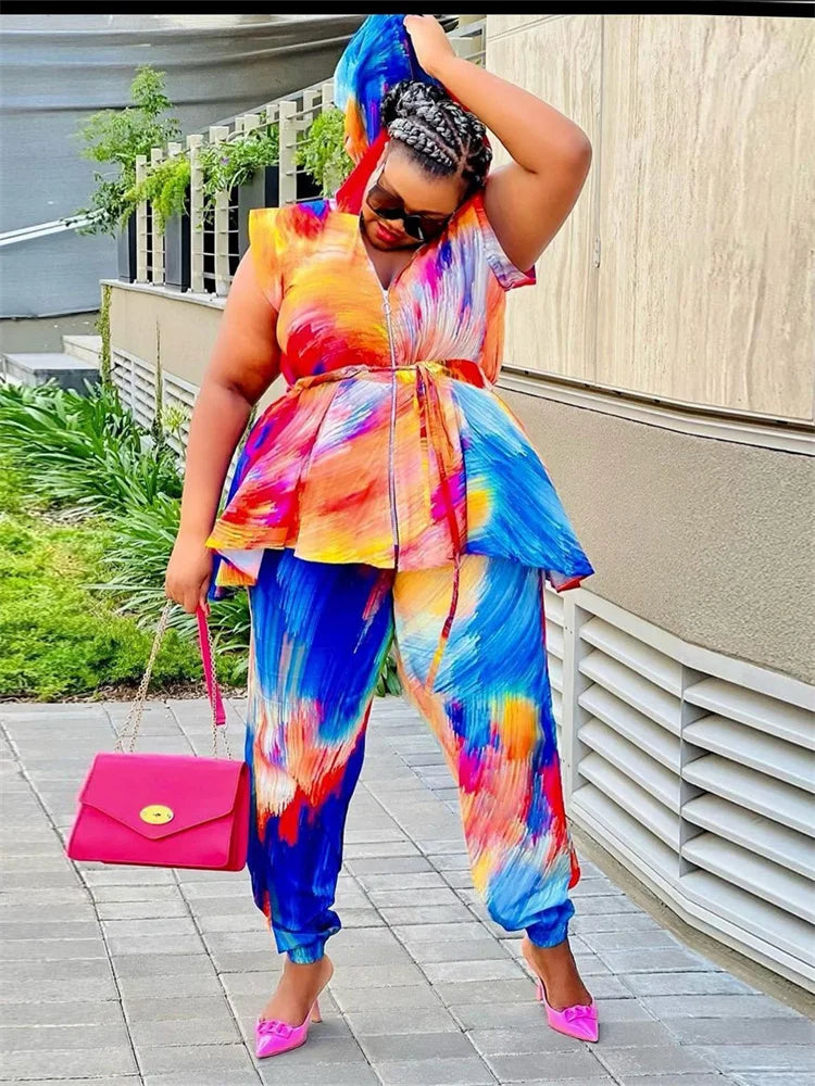 Maxy Plus Size Women Clothing Two Piece Set Hoodies Tie Dye Casual Loose Top and Pants Matching Suit