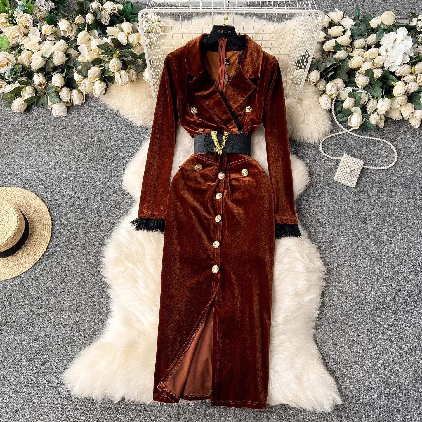 Babs Winter Luxury Velvet Dress Women Clothing Notched Lion Metal Buttons Split Letter Belt Thick Velour Long Party Vestidos