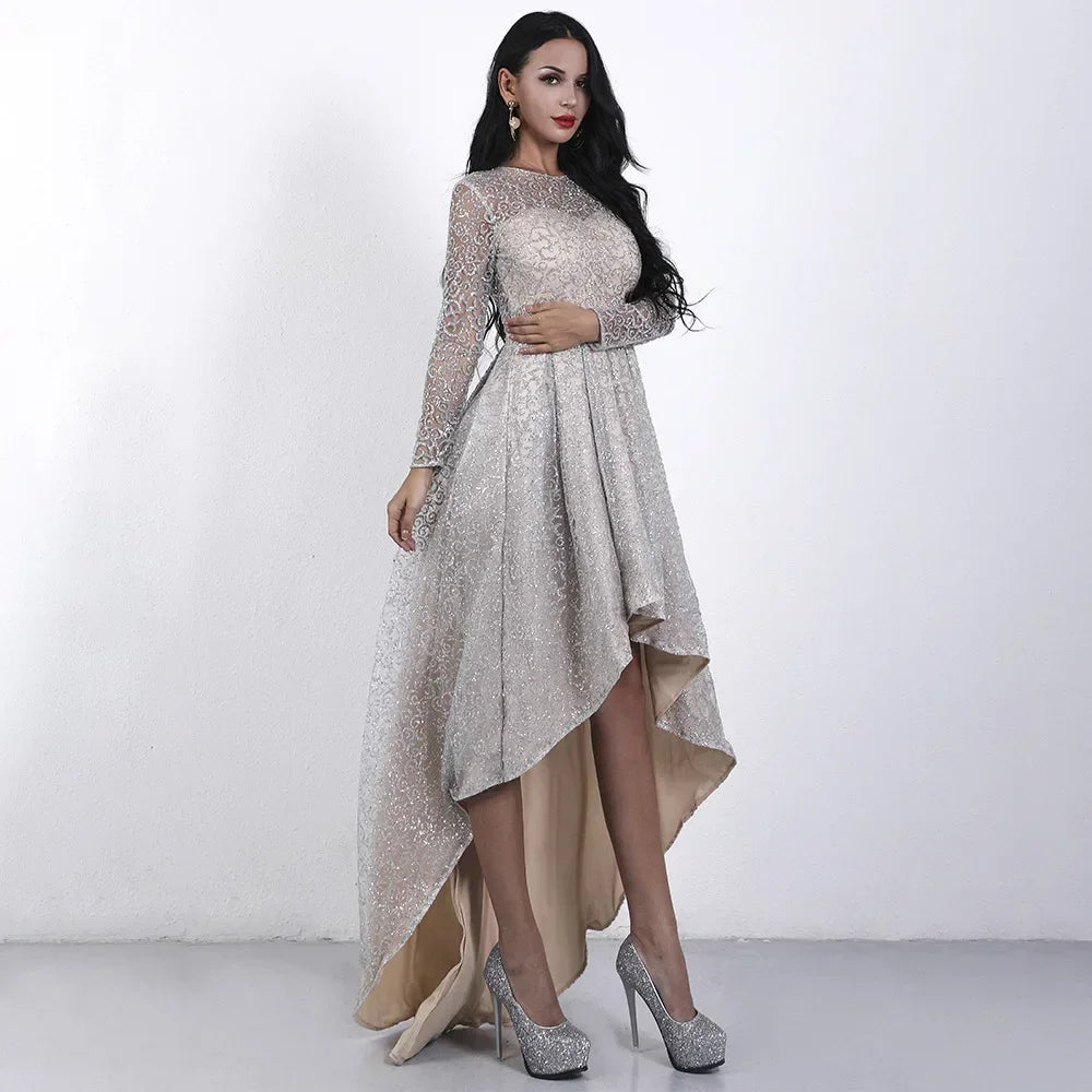 Macy Gorgeous Elegant Perspective Long Sleeve Crewneck Lace Sequins Party Dinner Wedding Lady Small Tail Dress