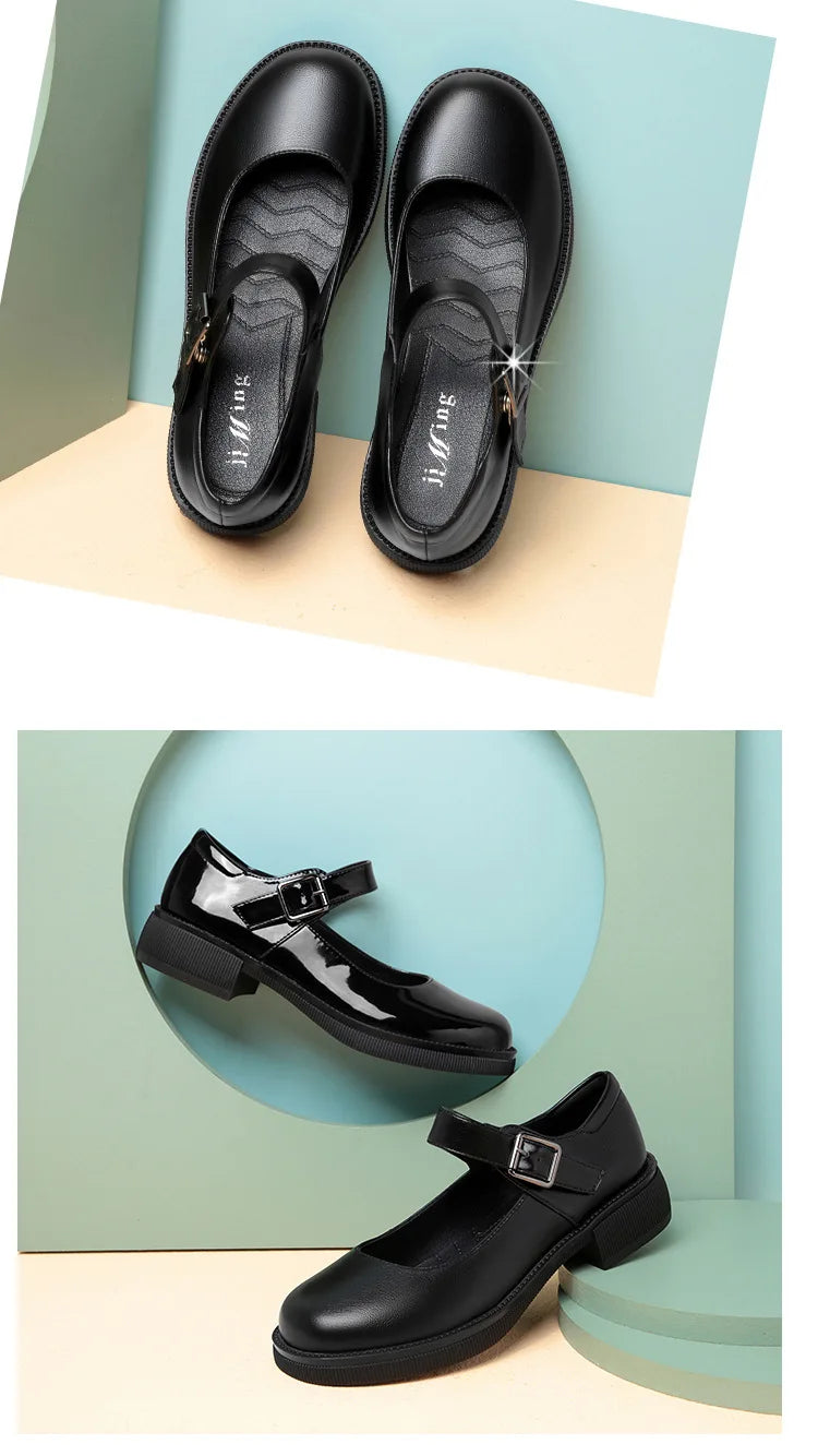 Maxy 3.5cm Breathable Shallow Mouth Bright Leather Shoes Women Mary Janes 2025 Fall Med Square Heels Sheos Black for Office Mom