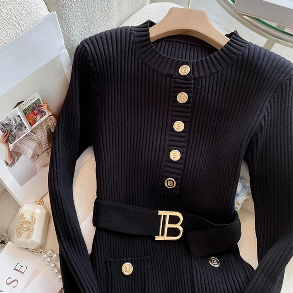 Maxy YuooMuoo Autumn Winter Women Knitted Dress Brand Fashion O-neck Buttons Bodycon Sweater Dress with Belt Lady Office Dress