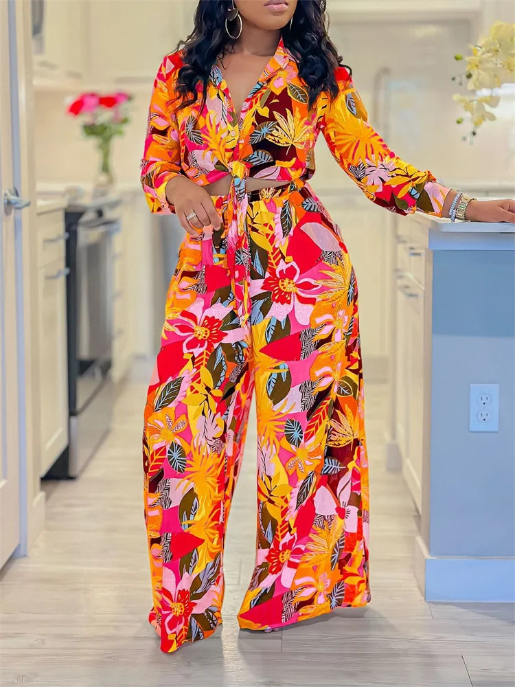 Maxy Two Piece Set Women's Clothing Pants Sets Print Button V Neck Top Wide Leg Pants Matching Summer gress