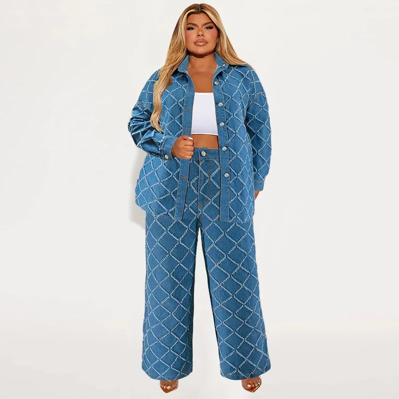 Maxy Plus Size Denim Two Piece Sets Women Fall Clothing Print Long Sleeve Tops Pants New Matching Suits