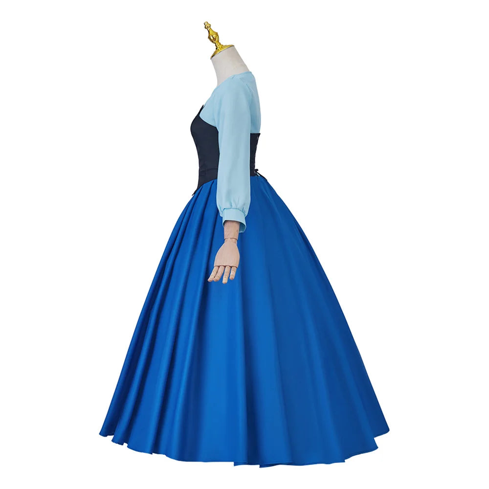 Macy Mermaid Cosplay Ariel Blue Dress with Bowknot Headwear for Women Elegant Princess Ball Gown Halloween Carnival Party Costume