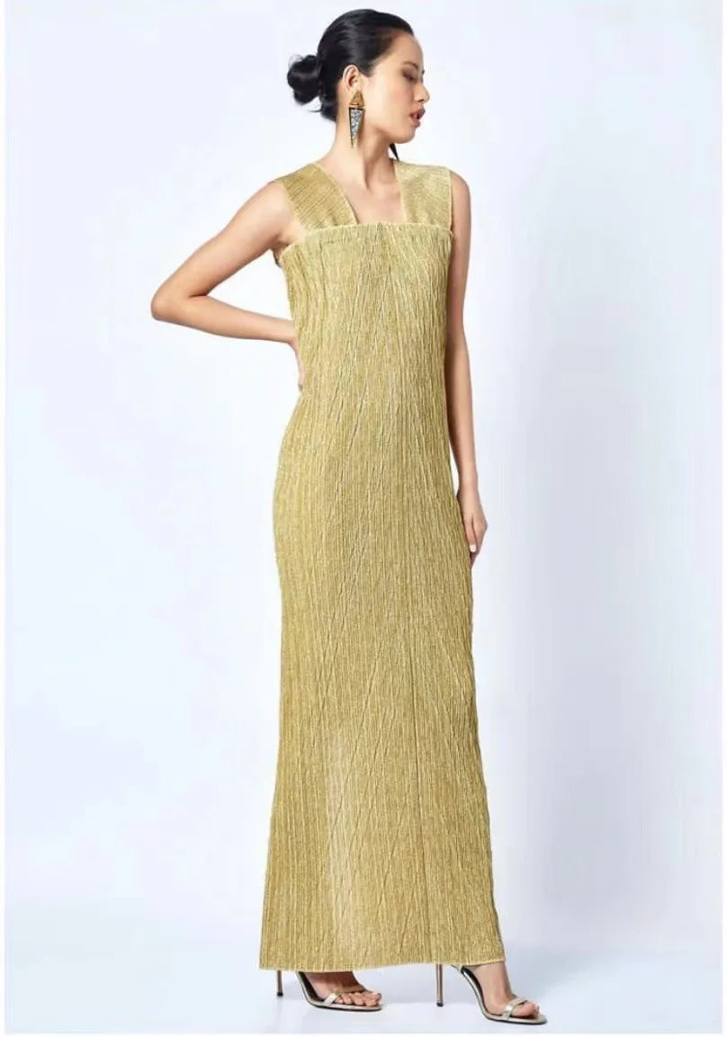 Maxy Women's yellow lace-up cloak + sleeveless dress Pleated Fashion plus-size elegant evening dresses