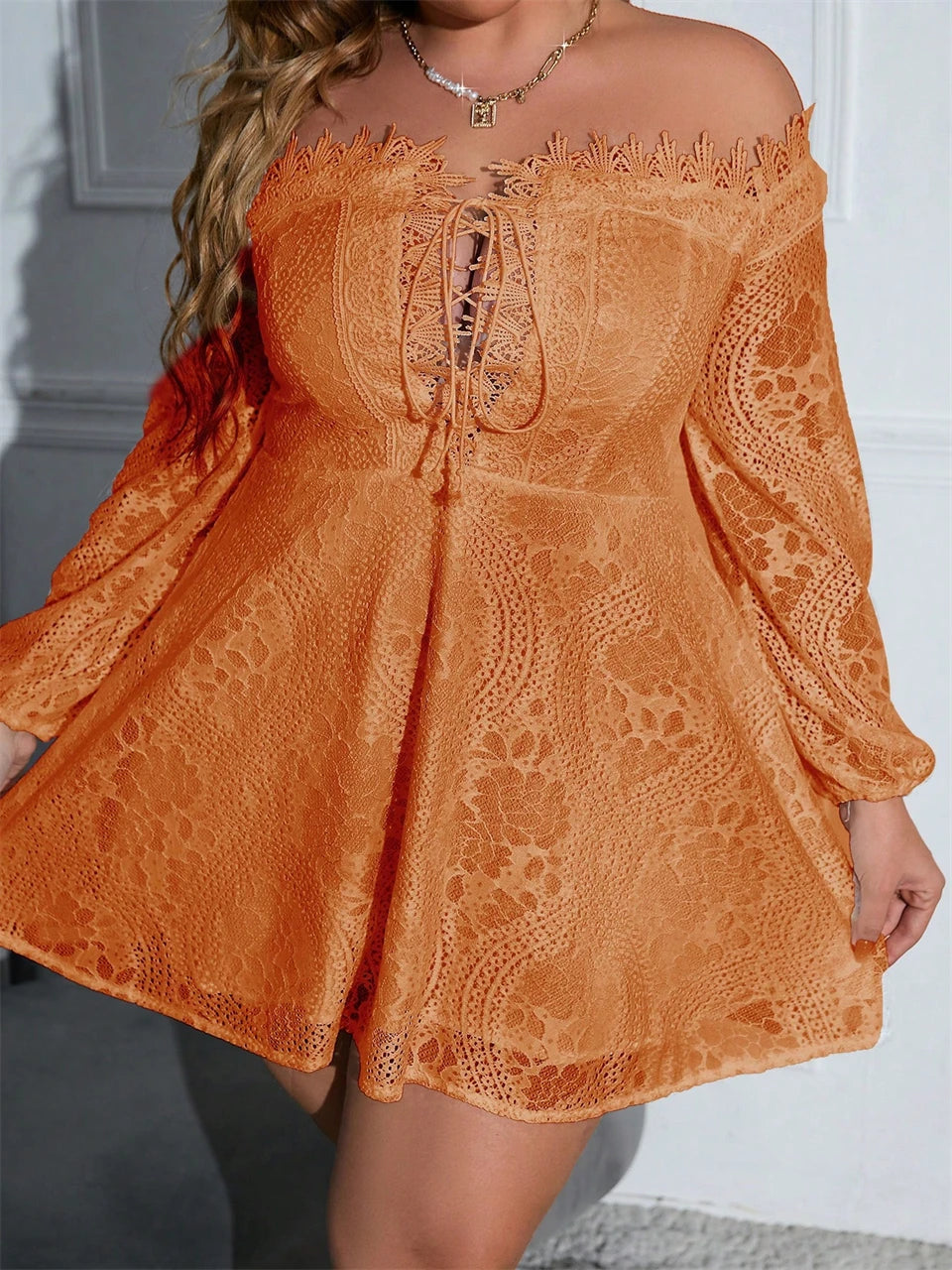 Macy Plus Size Dresses for Women Sexy Off Shoulder Lace Up A Line Mini Lace Dress Chic Elegant Woman Dress Long Sleeves 1102