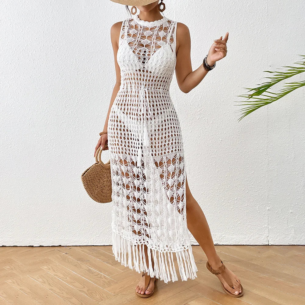 Woman Beach Cover Up Tassel Backless Long Dress Knitted Crochet High Split See-through Maxi Dress Cover-ups Beach Wear Outfits