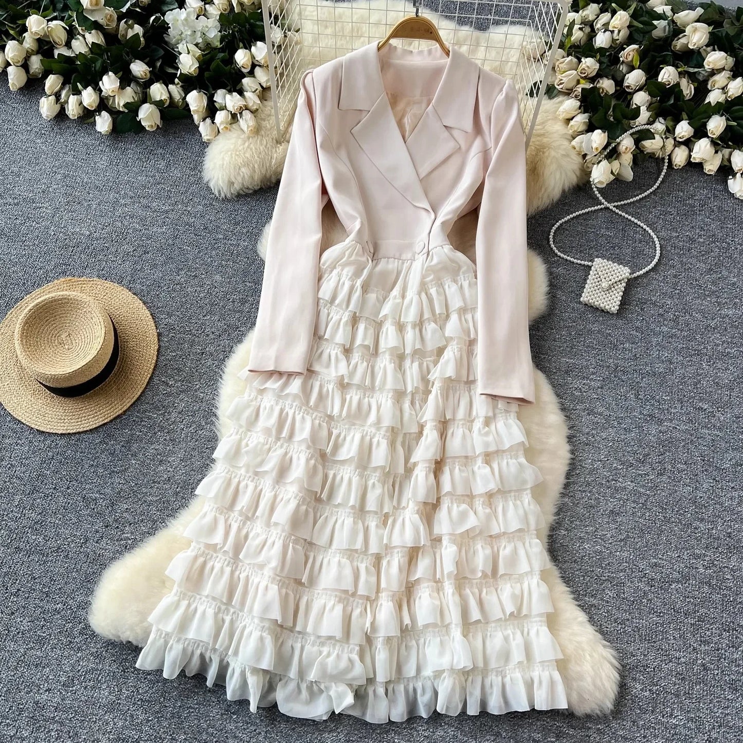 Zay Women Vintage Evening Party Dress Spring Autumn Lapel Long Sleeve Patchwork Mesh Layered Dresses Ladies Elegant Long Robe