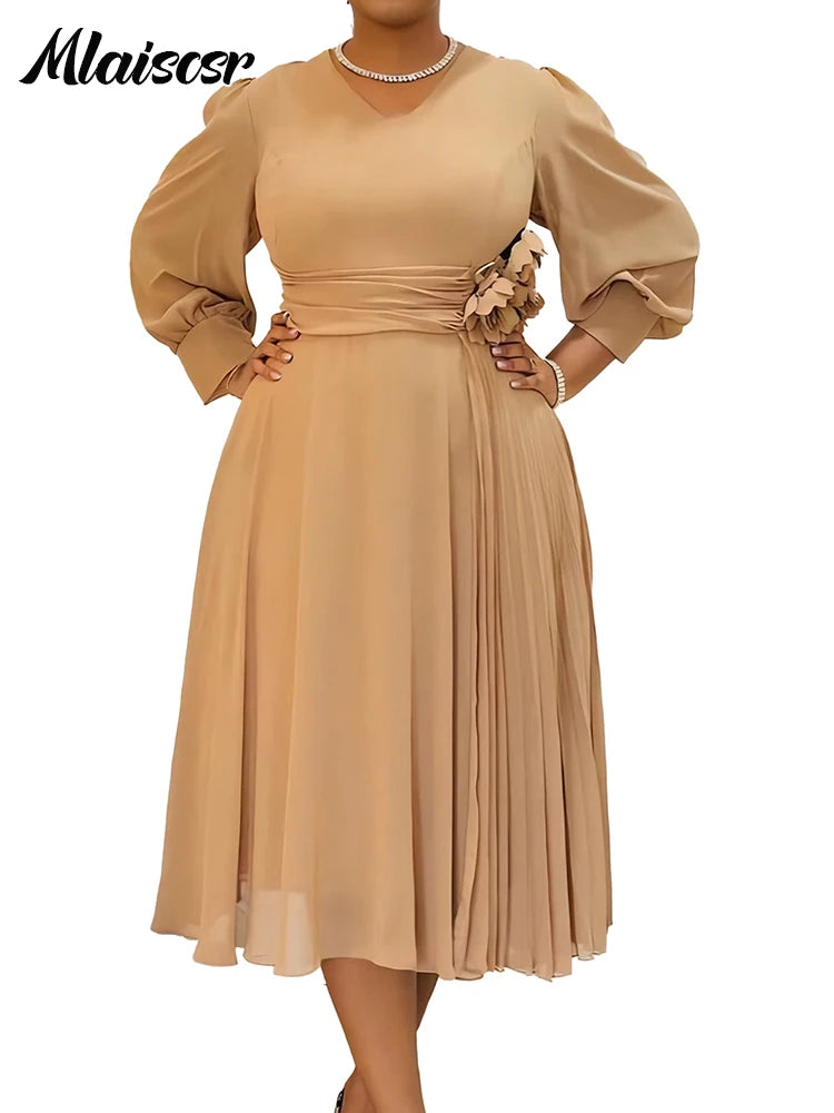 Maxy Elegant Pink A Line Loose Mid Dress for Women V Neck 3D Flower Design Puff Sleeve Office Evening Birthday dress