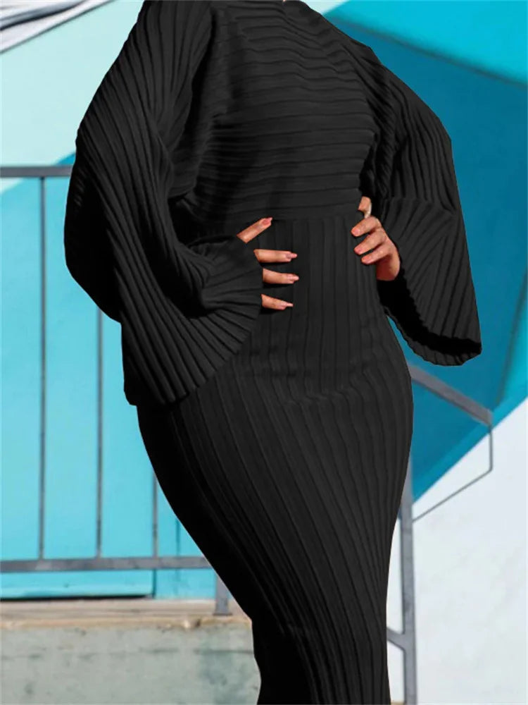 Maxy Women Dress Sexy Slim Fit O-Neck Long Sleeve Cocktail Party Elegant Ribbed Solid Color Hip Wrap Knitted Long Dresses Gown