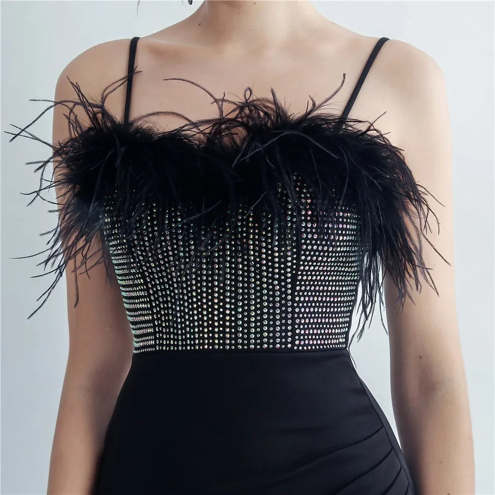 Babs Sequin Sexy Bust Beading With Feather Spaghetti Strap Slit Long Mermaid Party Night Dresses