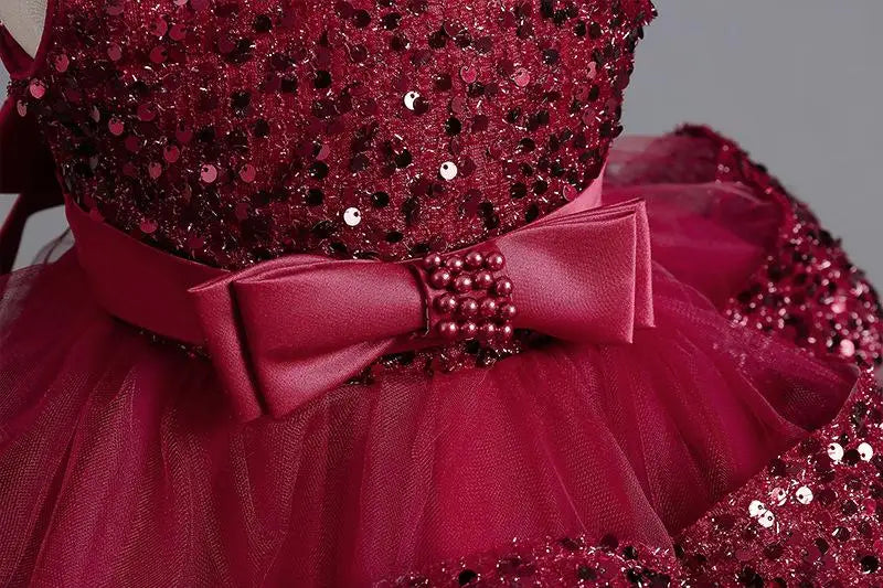 Summer New Beaded Bow Tie Sequin Mesh Children's Sleeveless Evening Dress School Graduation Party Multi Layered Dress