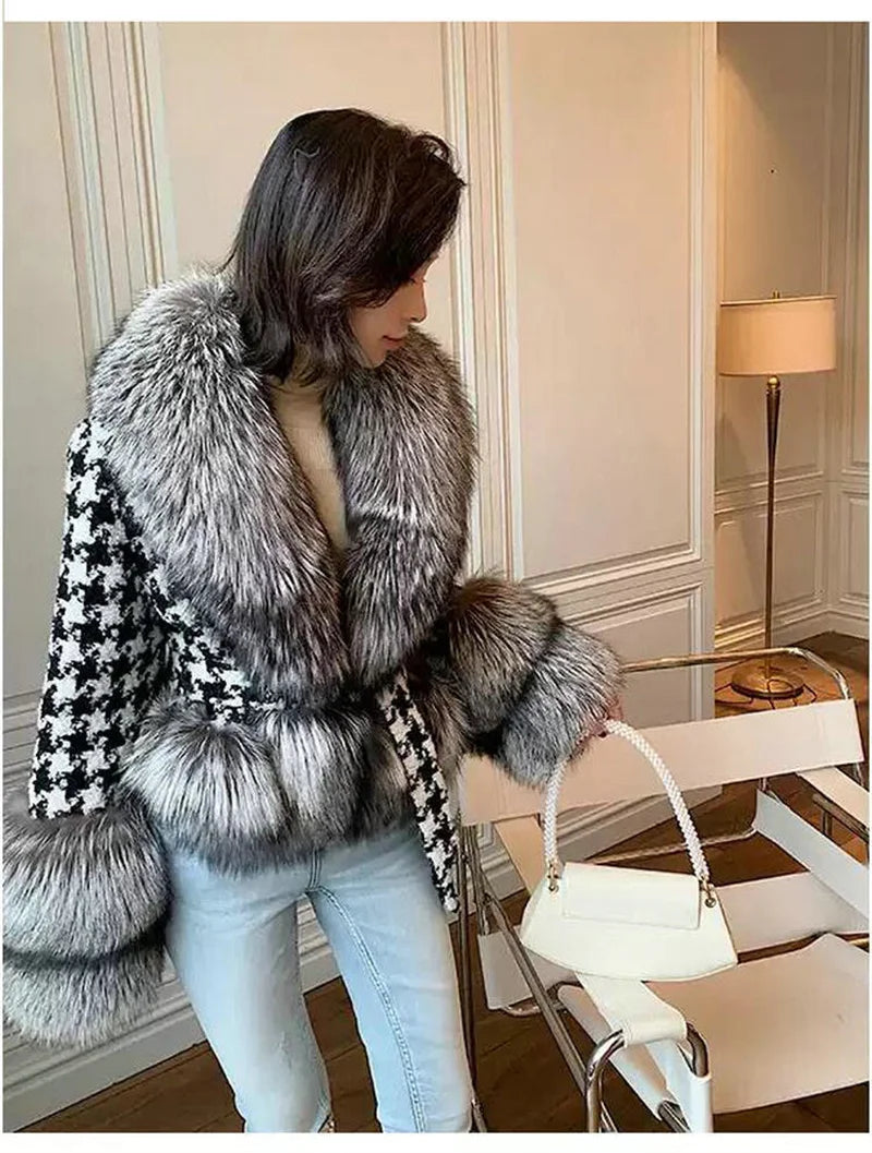 Babs Fox Fur Grass Coat Women Short Thousand Bird Grid Double Faced Fleece Collar 2024 Small Fragrant Style Imitation Fur Coat Female