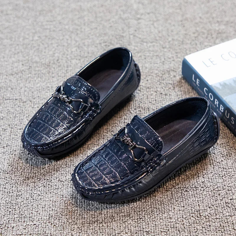 Visco Boys Leather Shoes Round-toe Flat Soft Kids Fashion Casual Loafers Glossy Metal Buckle Children Moccasins Non-slip Britain Style