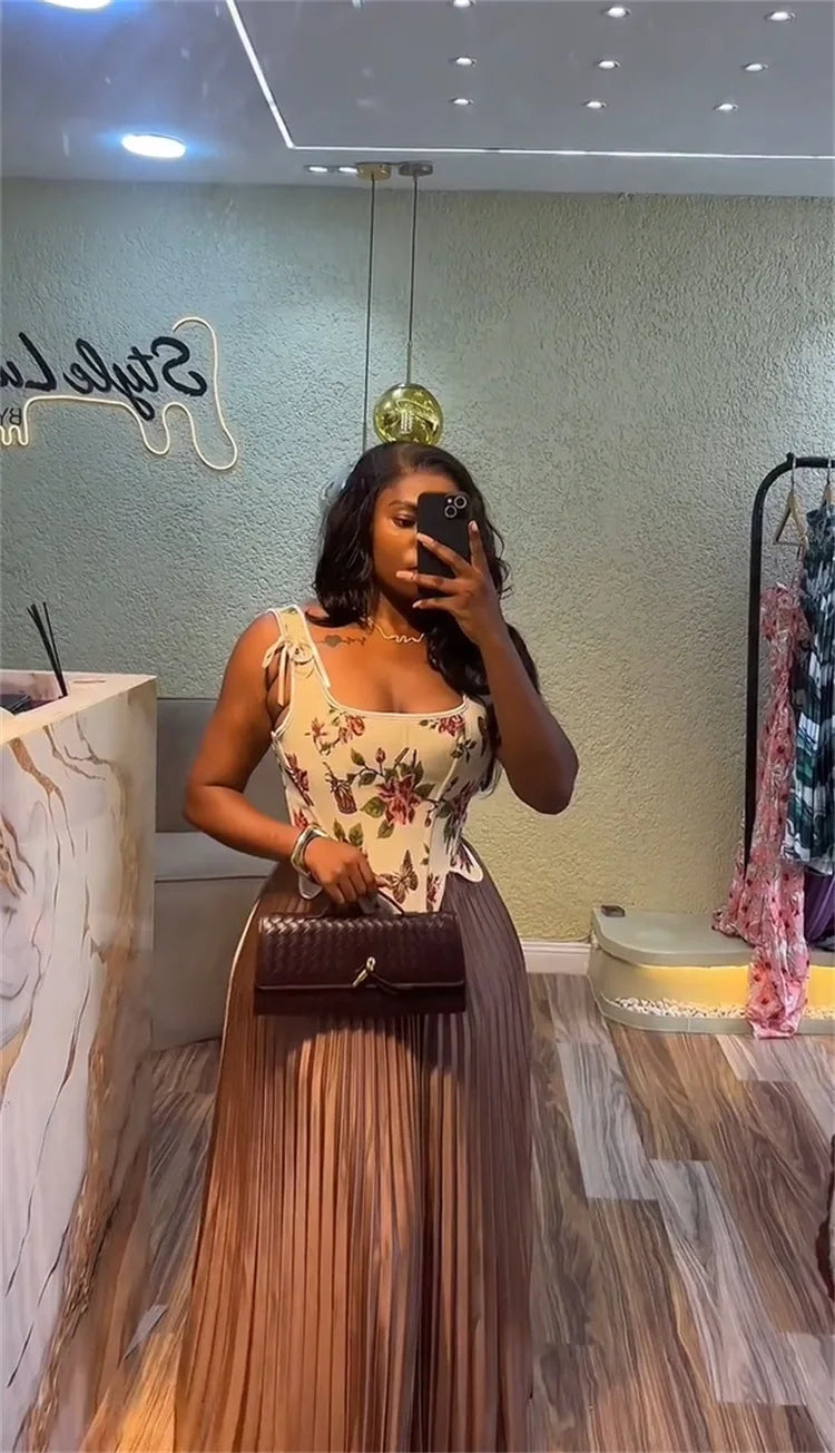 Maxy CM.YAYA Women's Set Floral Print Waist-cinching Vest +Pleated Long Skirts Suit 2025 Party Evening Street Two 2 Piece Set Outfit