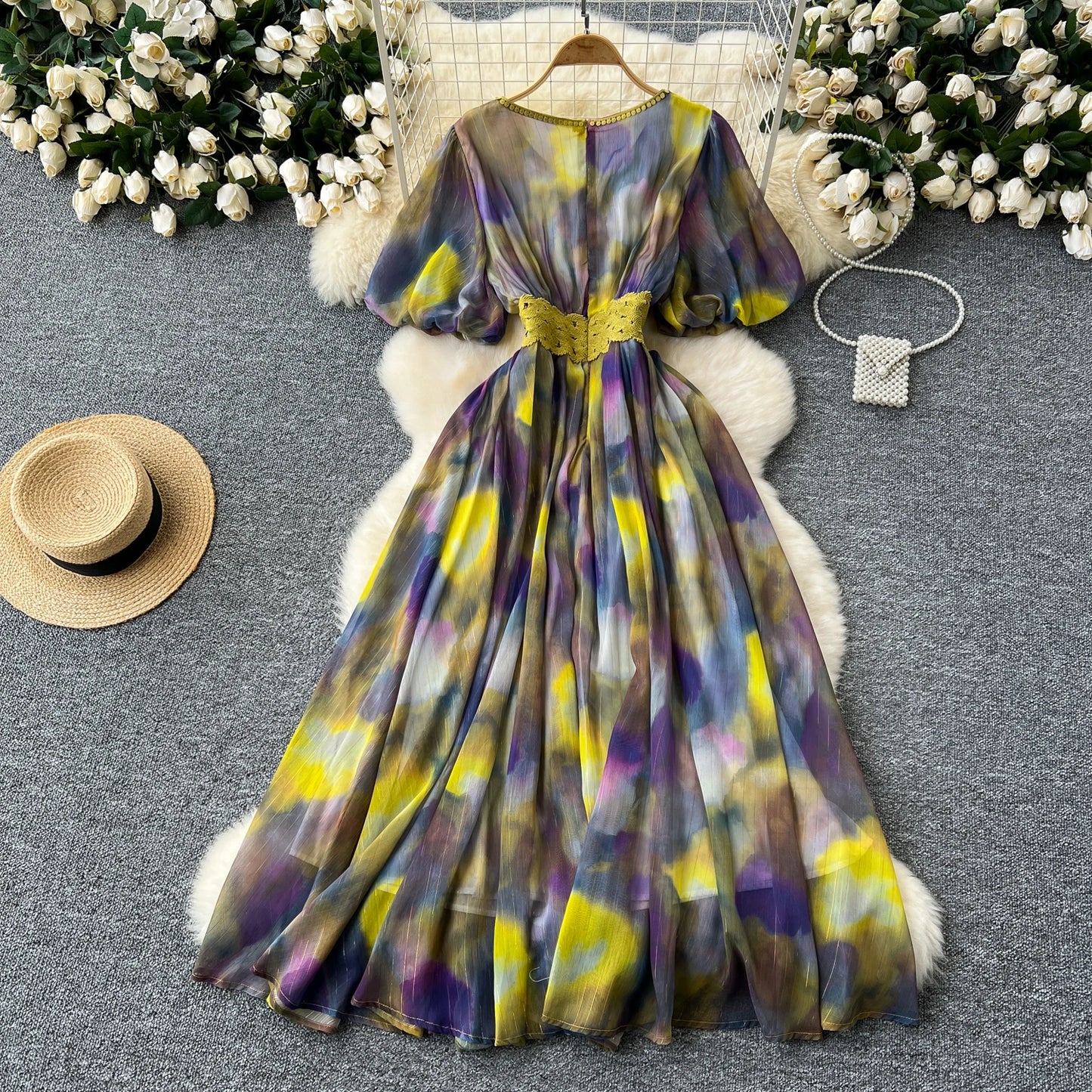 Maxy sweet tie dye Lantern Sleeve embroidery o neck chiffon Dress French Party Elegant Summer Sexy Slim Women dresses