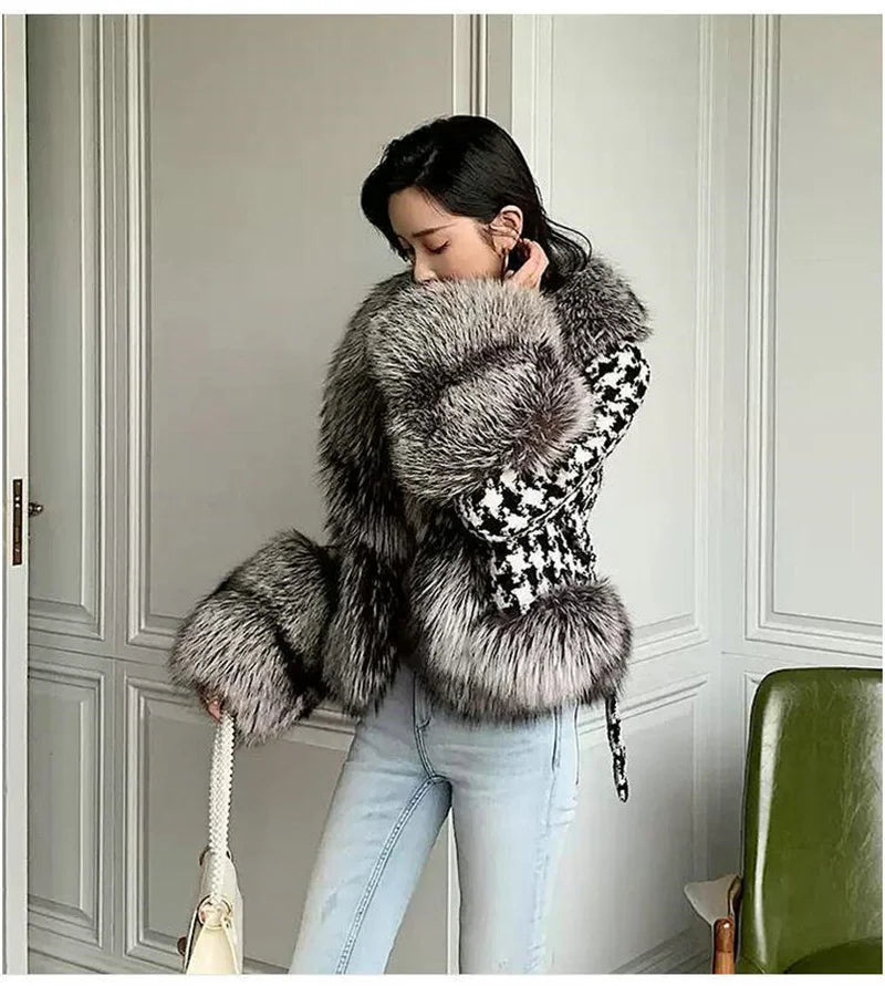 Babs Fox Fur Grass Coat Women Short Thousand Bird Grid Double Faced Fleece Collar 2024 Small Fragrant Style Imitation Fur Coat Female