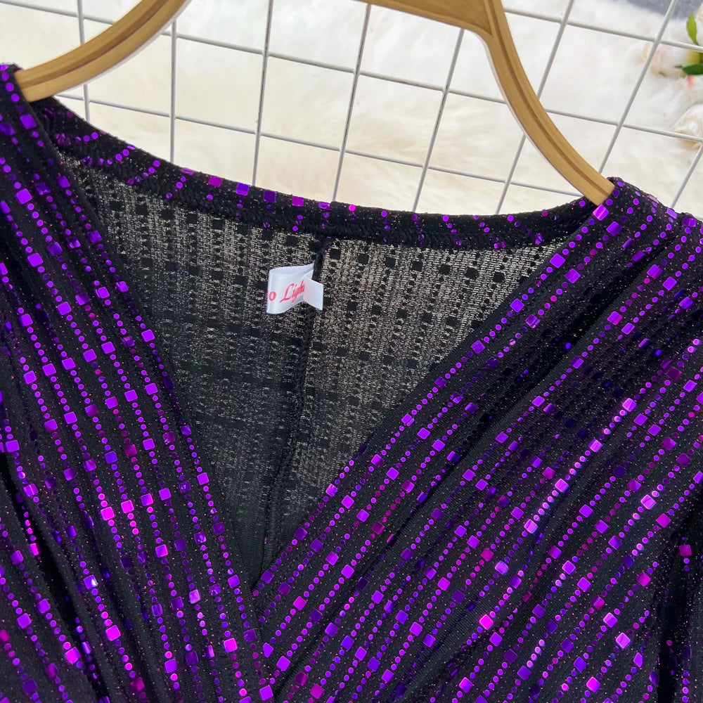 Babs Elegant Chic Y2K Women's Dress Long-sleeve V-neck Split Sequins Patchwork Hip Warp Dresses Autumn Winter