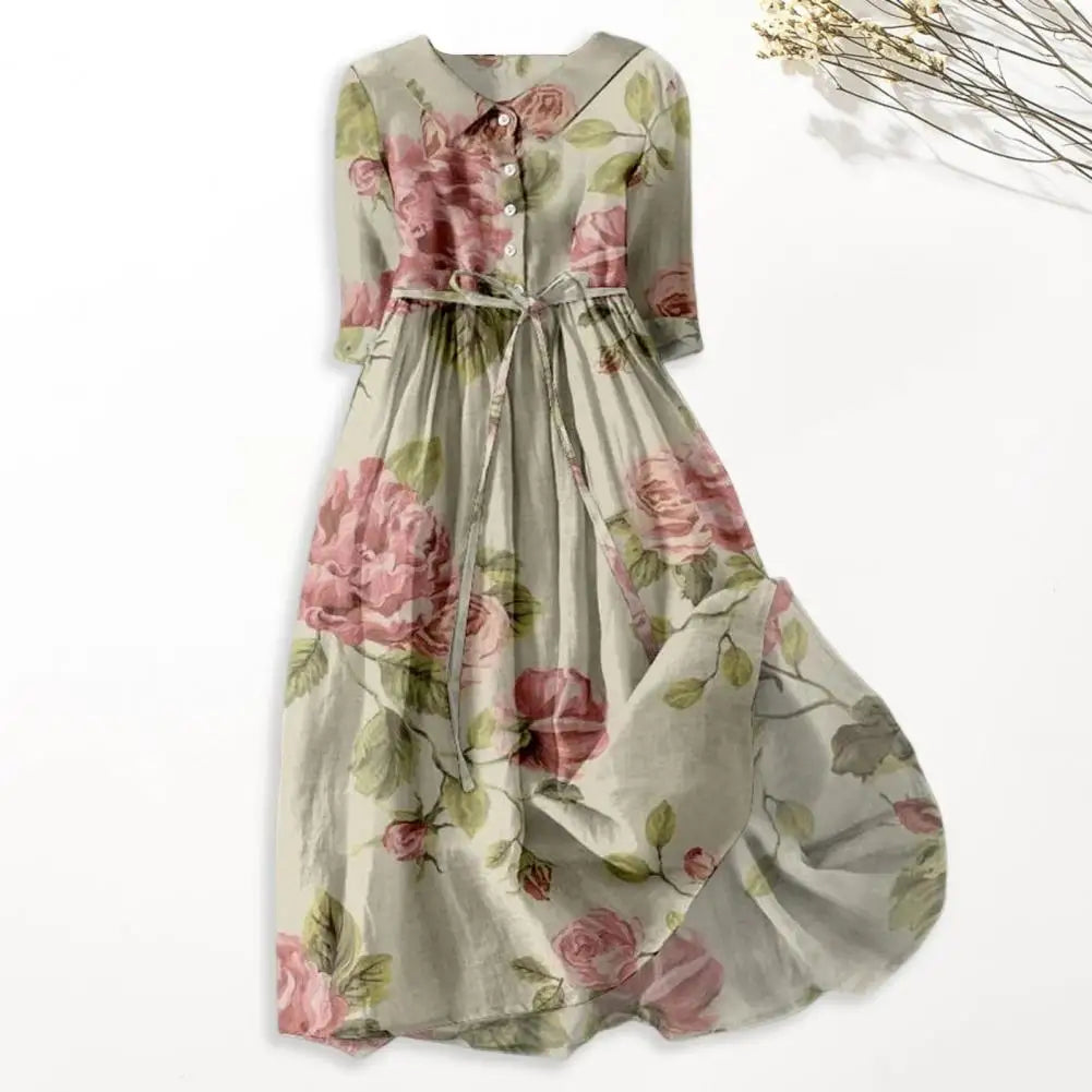 Babs Dating Dress Bohemian Style Dress Bohemian Style Pleated Lace-up Belt Midi Dress for Women Turn-down Collar A-line Loose
